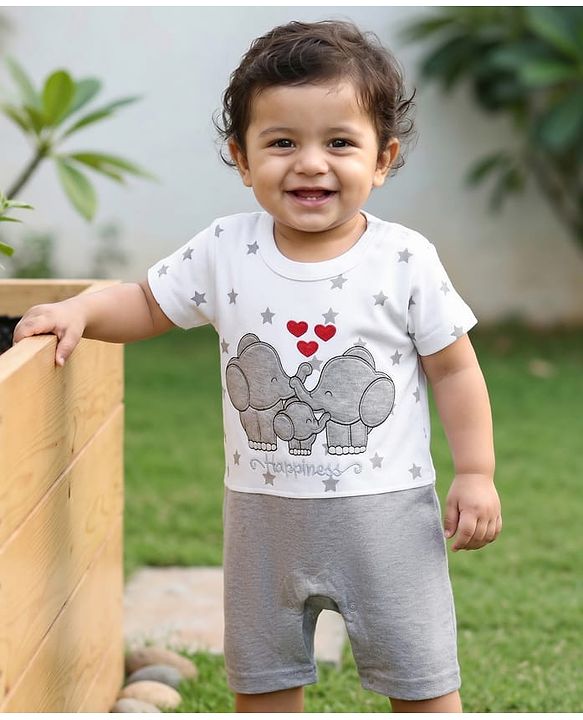 Babyhug 100% Cotton Half Sleeves Romper Elephant Embroidery - Grey White