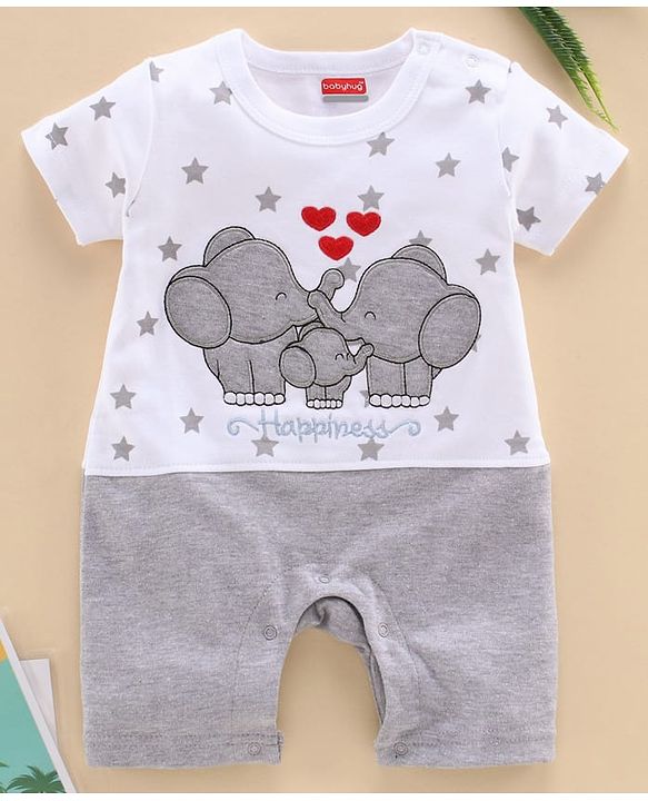 Babyhug 100% Cotton Half Sleeves Romper Elephant Embroidery - Grey White
