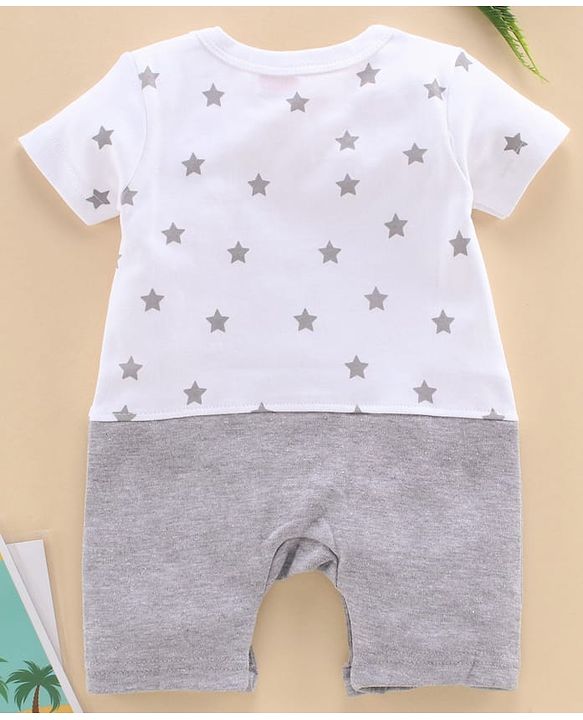 Babyhug 100% Cotton Half Sleeves Romper Elephant Embroidery - Grey White