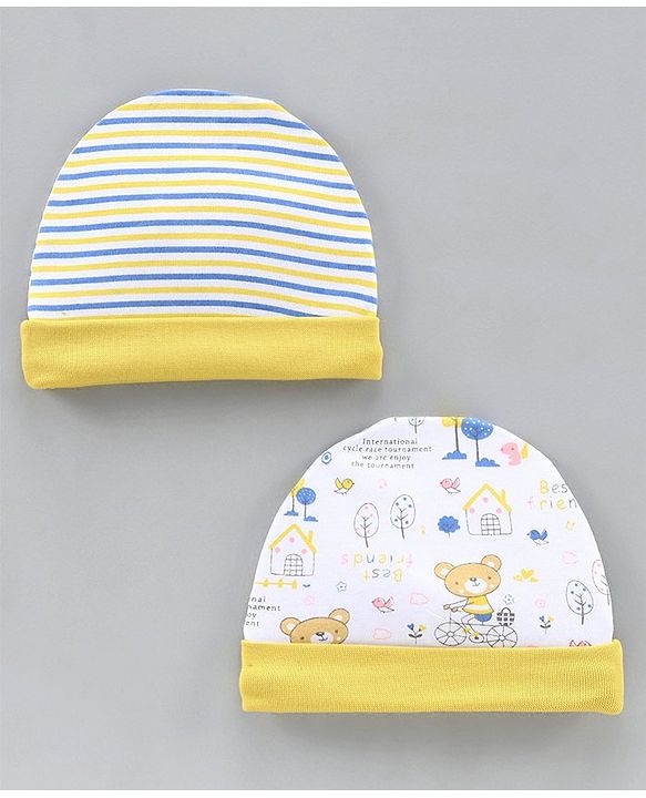 Babyhug 100% Cotton Cap Striped and Printed Yellow Pack of 2 - Diameter 9.5 cm