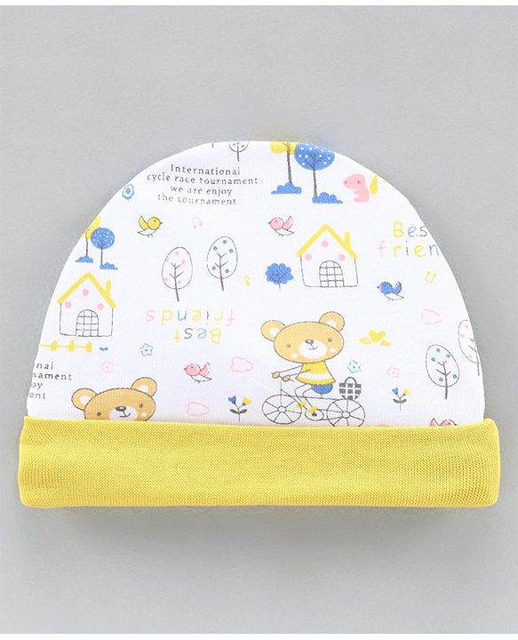 Babyhug 100% Cotton Cap Striped and Printed Yellow Pack of 2 - Diameter 9.5 cm