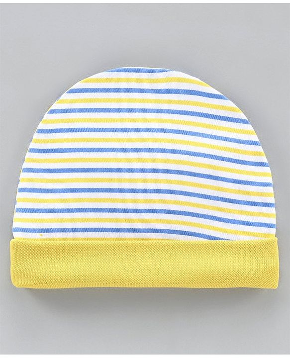 Babyhug 100% Cotton Cap Striped and Printed Yellow Pack of 2 - Diameter 9.5 cm