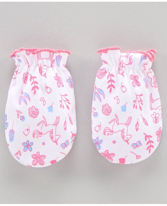 Babyhug 100%Cotton Cap Mittens & Booties Unicorn Print Pink - Diameter 10.5 cm