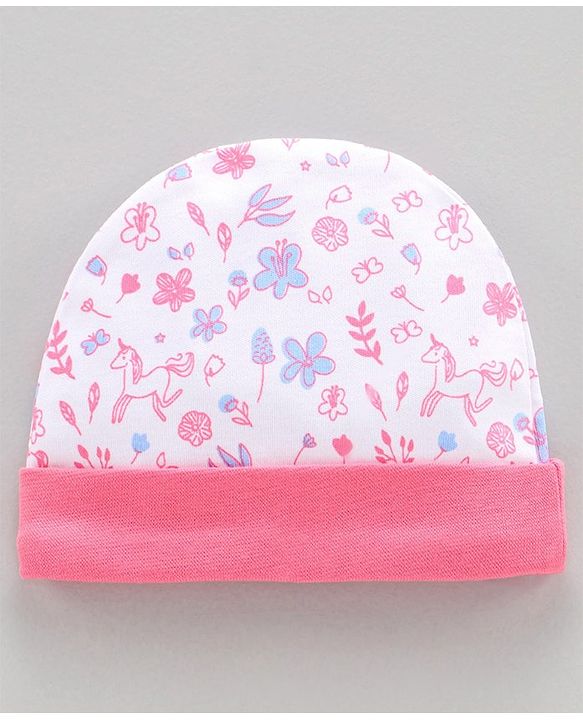 Babyhug 100%Cotton Cap Mittens & Booties Unicorn Print Pink - Diameter 10.5 cm