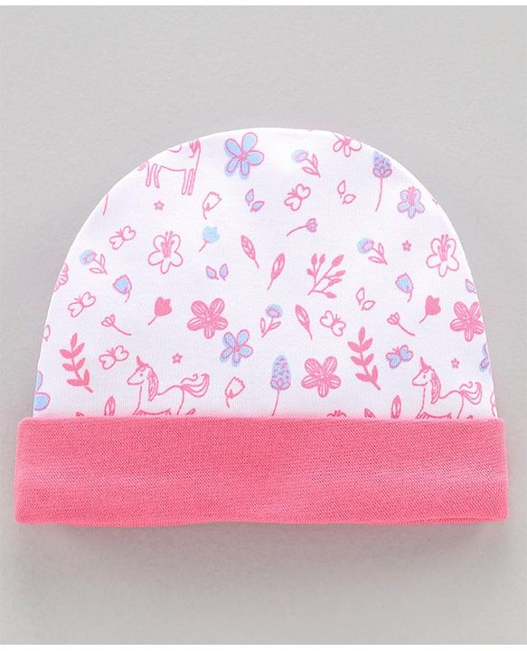 Babyhug 100%Cotton Cap Mittens & Booties Unicorn Print Pink - Diameter 10.5 cm