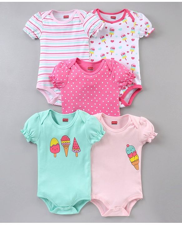 Babyhug 100% Cotton Puff Sleeves Onesies Pack of 5 - Multicolour