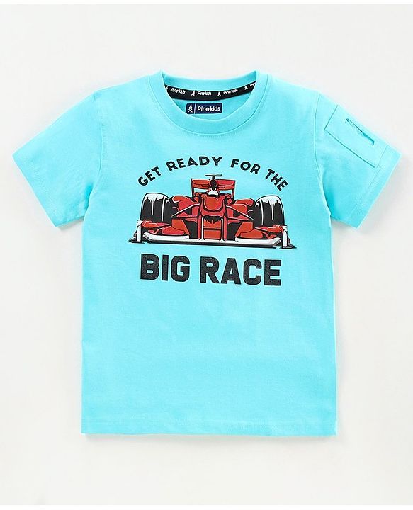 Pine Kids 100%Cotton Half Sleeves Softner Wash Tee Racing Car Print - Blue