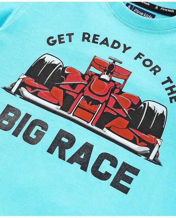 Pine Kids 100%Cotton Half Sleeves Softner Wash Tee Racing Car Print - Blue