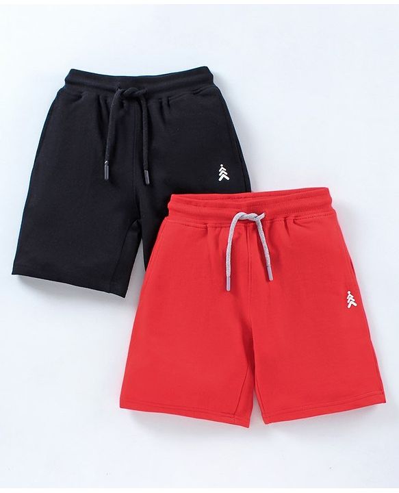 Pine Kids 100%Cotton Above Knee Length Biowashed Shorts With Drawstring Pack of 2 - Red Black