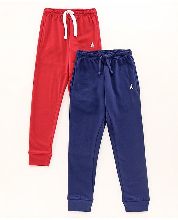 Pine Kids Full Length 100% Cotton Biowashed Solid Lounge Pants Pack Of 2 - Red Blue