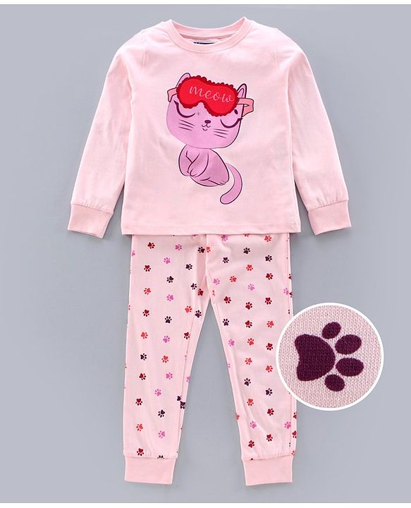 Pine Kids Full Sleeves Biowashed Night Suit Paw Print - Pink