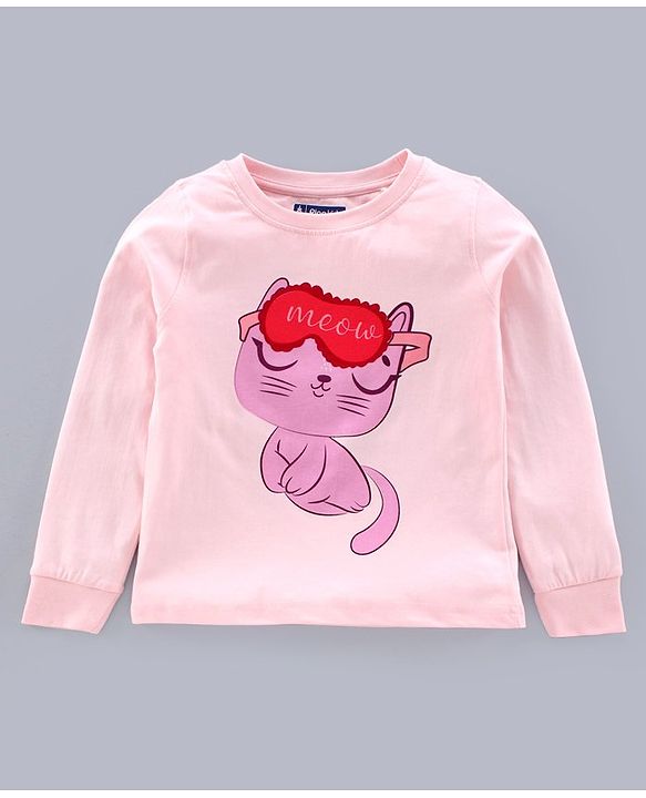 Pine Kids Full Sleeves Biowashed Night Suit Paw Print - Pink