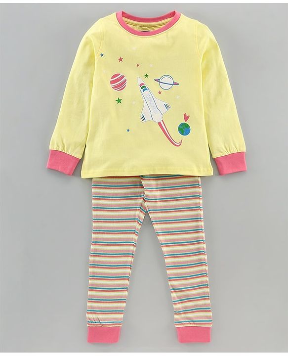 Pine Kids Full Sleeves Biowashed Night Suit Space Print Striped - Yellow