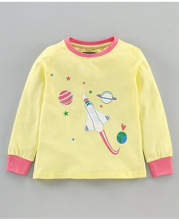 Pine Kids Full Sleeves Biowashed Night Suit Space Print Striped - Yellow