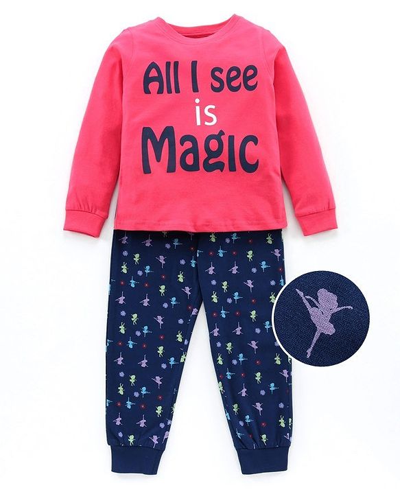 Pine Kids Full Sleeves Biowashed Night Suit Text Print - Pink Navy Blue