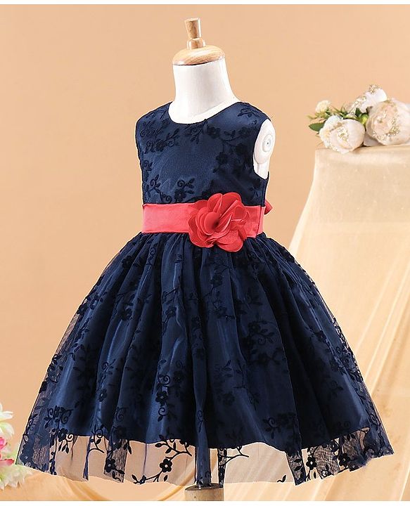 Babyhug Sleeveless Party Wear Embroidered Frock with Corsage - Navy Blue