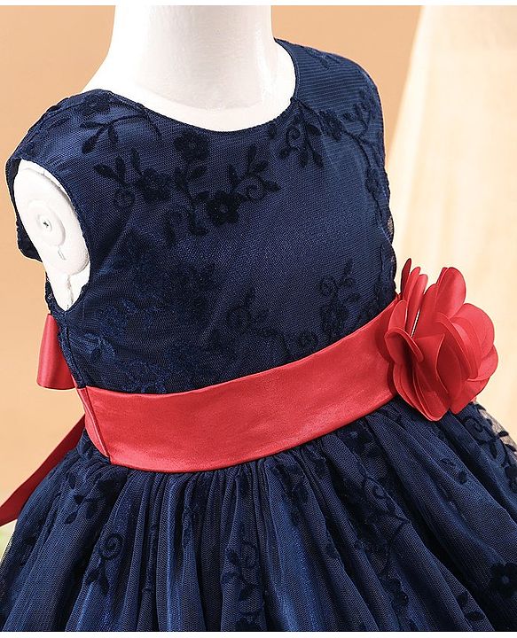 Babyhug Sleeveless Party Wear Embroidered Frock with Corsage - Navy Blue