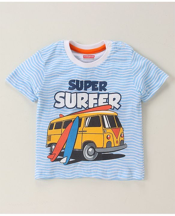 Babyhug Half Sleeves Striped Tee Surfer Print - White Blue