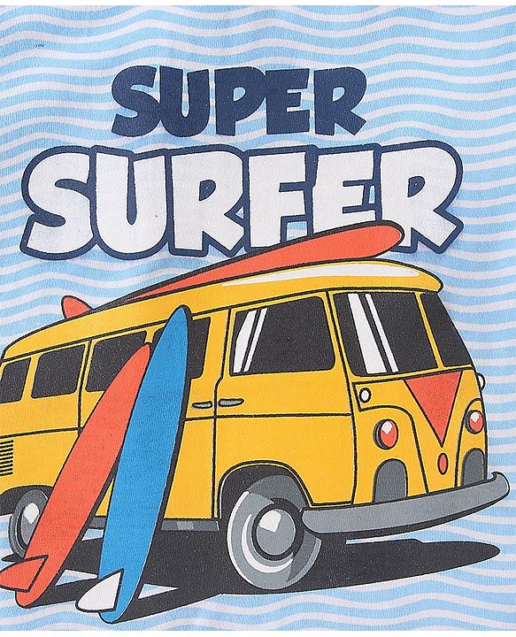 Babyhug Half Sleeves Striped Tee Surfer Print - White Blue