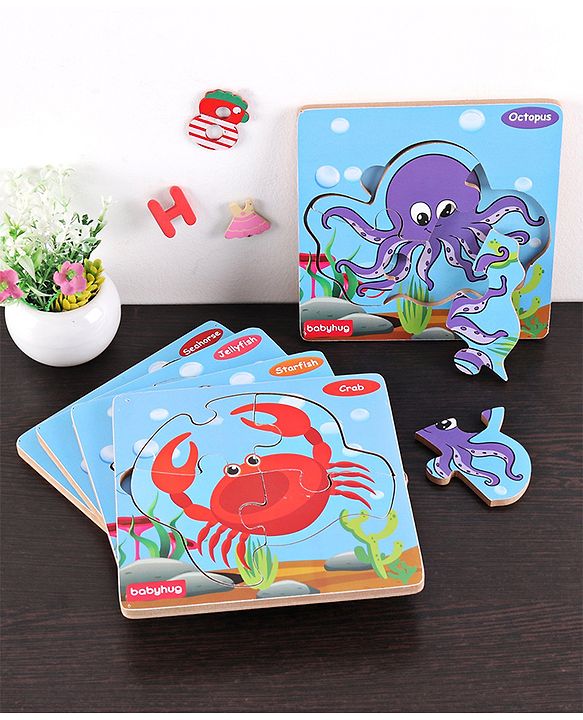 Babyhug 5 in 1 Premium Wooden Jigsaw Aquatic 20 pcs puzzle - Set of 5| Educational Toy for Cognitive Development| Montessori Learning Toy| BIS Certified| 2 Years+