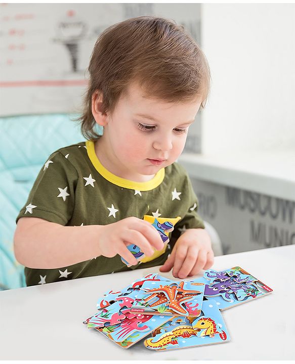 Babyhug 5 in 1 Premium Wooden Jigsaw Aquatic 20 pcs puzzle - Set of 5| Educational Toy for Cognitive Development| Montessori Learning Toy| BIS Certified| 2 Years+
