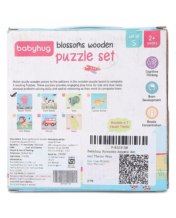 Babyhug 5 in 1 Premium Wooden Jigsaw Aquatic 20 pcs puzzle - Set of 5| Educational Toy for Cognitive Development| Montessori Learning Toy| BIS Certified| 2 Years+