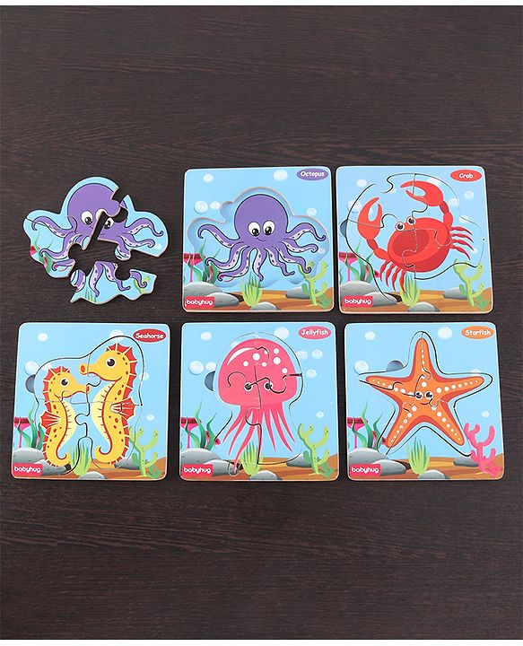 Babyhug 5 in 1 Premium Wooden Jigsaw Aquatic 20 pcs puzzle - Set of 5| Educational Toy for Cognitive Development| Montessori Learning Toy| BIS Certified| 2 Years+