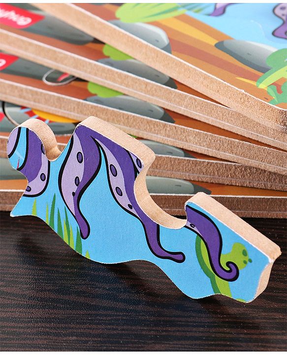 Babyhug 5 in 1 Premium Wooden Jigsaw Aquatic 20 pcs puzzle - Set of 5| Educational Toy for Cognitive Development| Montessori Learning Toy| BIS Certified| 2 Years+