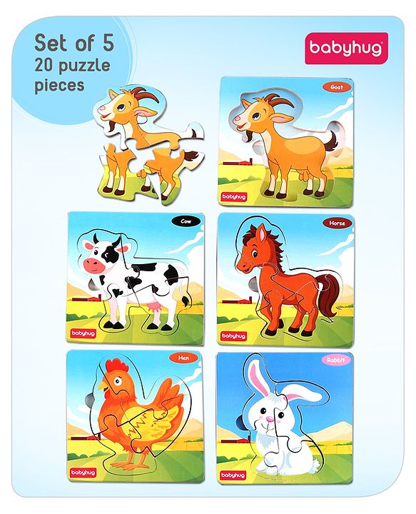 Babyhug 5 in 1 Premium Wooden Jigsaw Farm Animal 20 pcs puzzle - Set of 5| Educational Toy for Cognitive Development| Montessori Learning Toy| BIS Certified| 2 Years+
