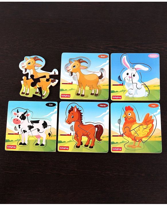 Babyhug 5 in 1 Premium Wooden Jigsaw Farm Animal 20 pcs puzzle - Set of 5| Educational Toy for Cognitive Development| Montessori Learning Toy| BIS Certified| 2 Years+