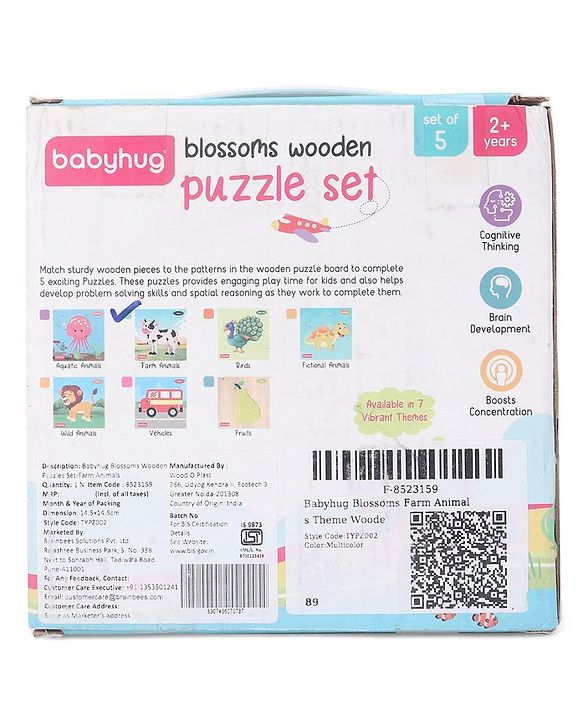 Babyhug 5 in 1 Premium Wooden Jigsaw Farm Animal 20 pcs puzzle - Set of 5| Educational Toy for Cognitive Development| Montessori Learning Toy| BIS Certified| 2 Years+