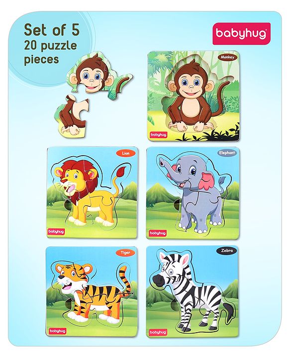 Babyhug 5 in 1 Premium Wooden Jigsaw Jungle Animals 20 pcs puzzle - Set of 5| Educational Toy for Cognitive Development| Montessori Learning Toy| BIS Certified| 2 Years+