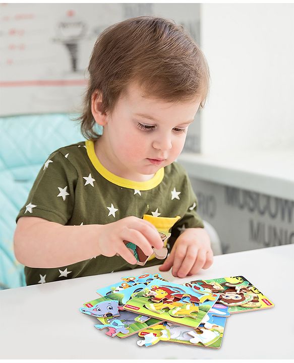 Babyhug 5 in 1 Premium Wooden Jigsaw Jungle Animals 20 pcs puzzle - Set of 5| Educational Toy for Cognitive Development| Montessori Learning Toy| BIS Certified| 2 Years+