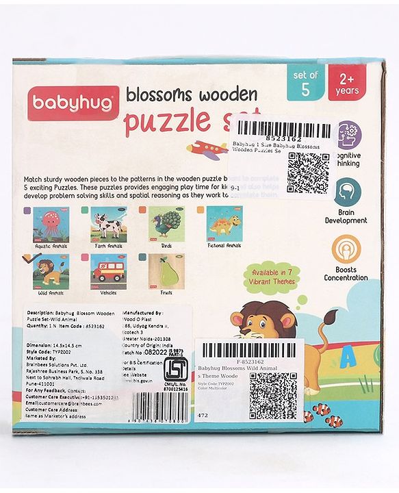 Babyhug 5 in 1 Premium Wooden Jigsaw Jungle Animals 20 pcs puzzle - Set of 5| Educational Toy for Cognitive Development| Montessori Learning Toy| BIS Certified| 2 Years+