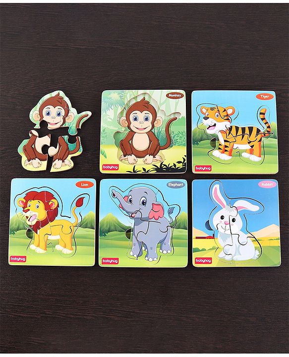 Babyhug 5 in 1 Premium Wooden Jigsaw Jungle Animals 20 pcs puzzle - Set of 5| Educational Toy for Cognitive Development| Montessori Learning Toy| BIS Certified| 2 Years+