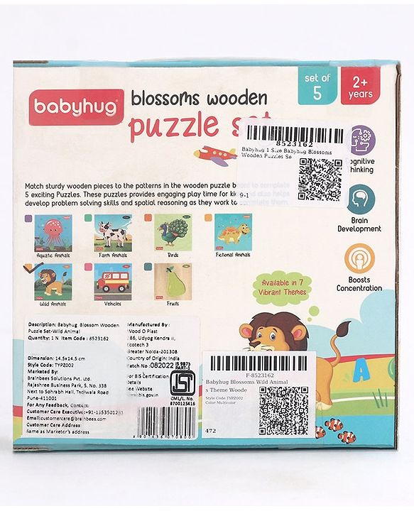 Babyhug 5 in 1 Premium Wooden Jigsaw Jungle Animals 20 pcs puzzle - Set of 5| Educational Toy for Cognitive Development| Montessori Learning Toy| BIS Certified| 2 Years+