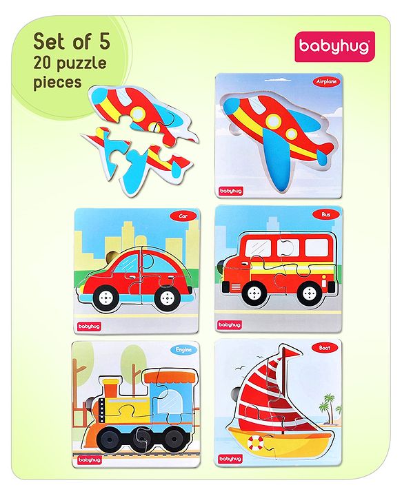 Babyhug 5 in 1 Premium Wooden Jigsaw Transport Vehicles 20 pcs puzzle - Set of 5| Educational Toy for Cognitive Development| Montessori Learning Toy| BIS Certified| 2 Years+