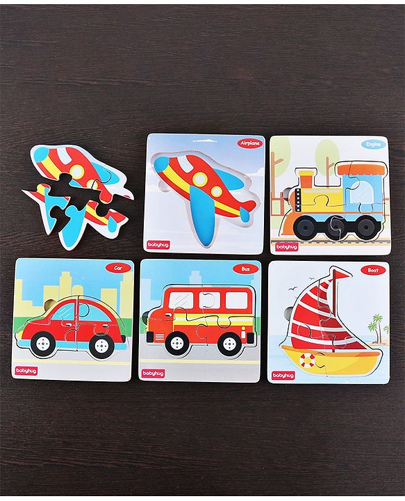 Babyhug 5 in 1 Premium Wooden Jigsaw Transport Vehicles 20 pcs puzzle - Set of 5| Educational Toy for Cognitive Development| Montessori Learning Toy| BIS Certified| 2 Years+