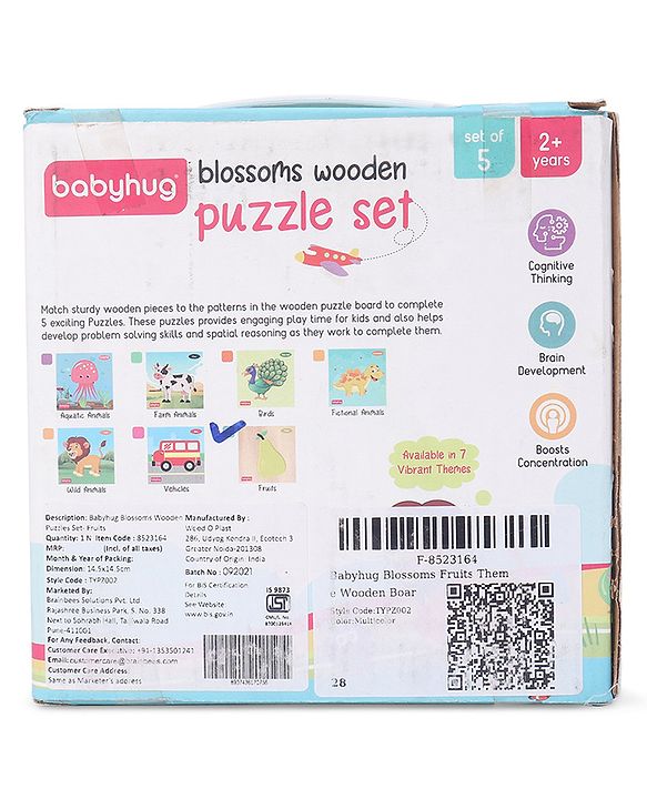 Babyhug 5 in 1 Premium Wooden Jigsaw Fruits 20 pcs puzzle - Set of 5| Educational Toy for Cognitive Development| Montessori Learning Toy| BIS Certified| 2 Years+