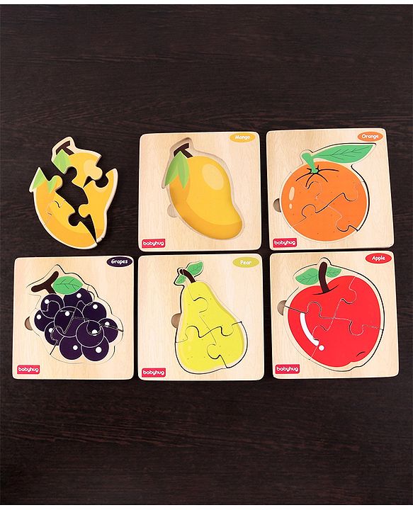 Babyhug 5 in 1 Premium Wooden Jigsaw Fruits 20 pcs puzzle - Set of 5| Educational Toy for Cognitive Development| Montessori Learning Toy| BIS Certified| 2 Years+