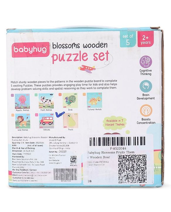 Babyhug 5 in 1 Premium Wooden Jigsaw Fruits 20 pcs puzzle - Set of 5| Educational Toy for Cognitive Development| Montessori Learning Toy| BIS Certified| 2 Years+