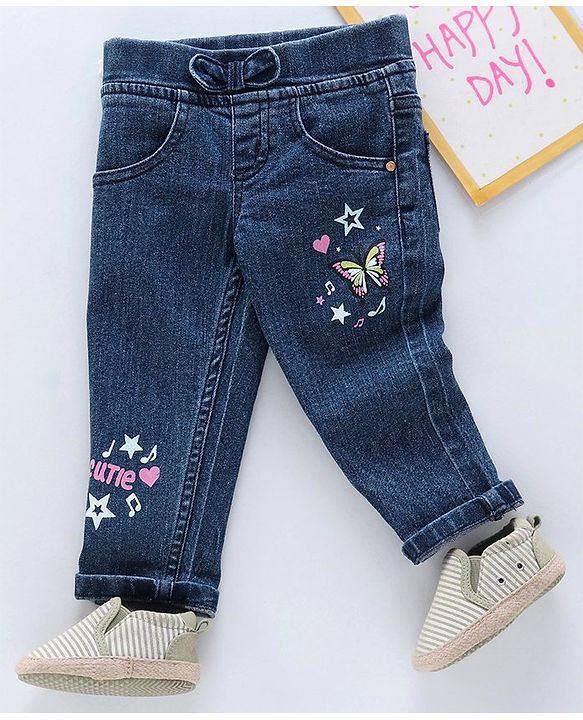 Babyhug Denim Slim Fit Capri Butterfly Print - Dark Blue