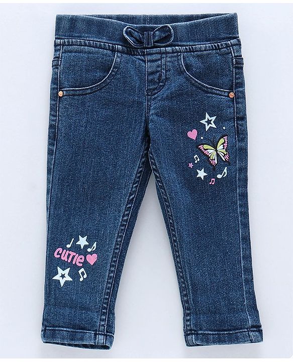 Babyhug Denim Slim Fit Capri Butterfly Print - Dark Blue