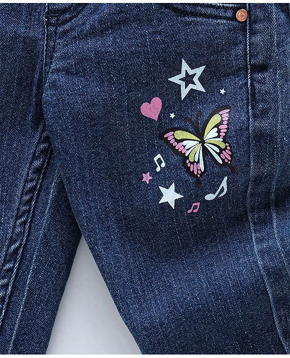 Babyhug Denim Slim Fit Capri Butterfly Print - Dark Blue