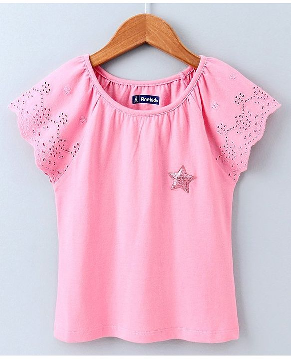 Pine Kids Short Sleeves Biowash Top Star Patch - Pink