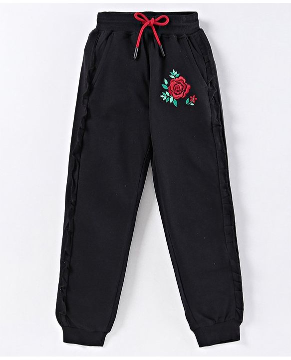 Pine Kids Full Length Organic Cotton Bio Wash  Lounge Pant Rose Embroidery - Black