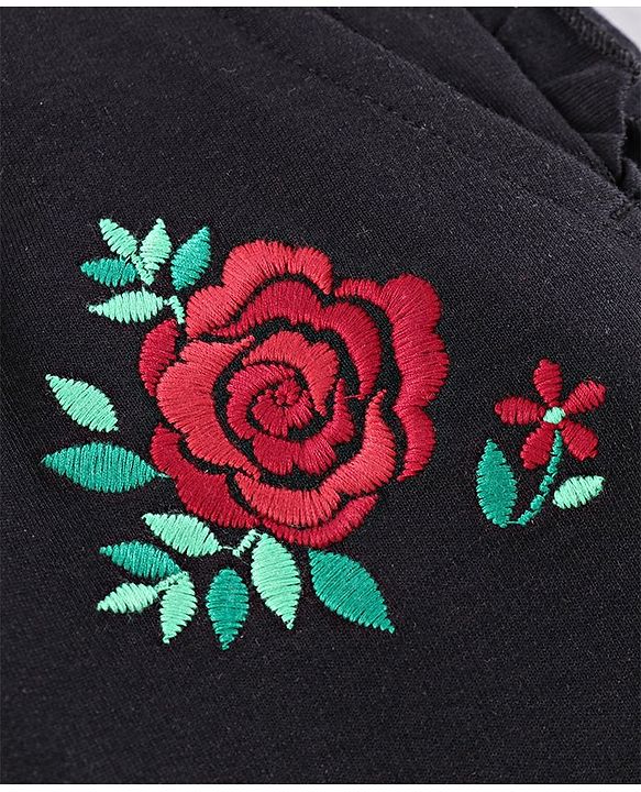 Pine Kids Full Length Organic Cotton Bio Wash  Lounge Pant Rose Embroidery - Black