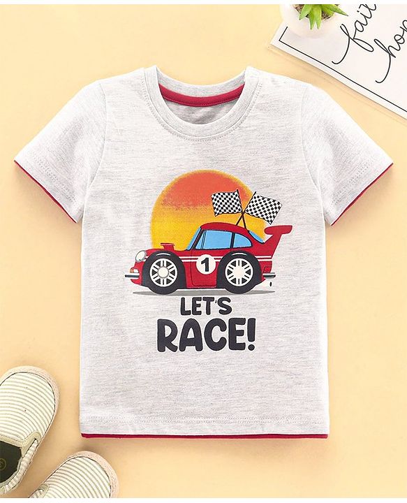 Babyhug Half Sleeves Biowashed Tee Race Car Print - Light Grey