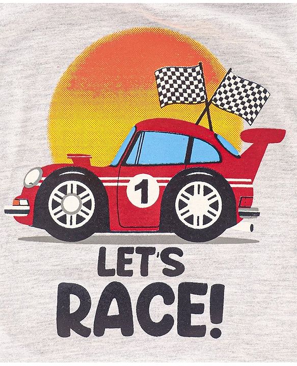 Babyhug Half Sleeves Biowashed Tee Race Car Print - Light Grey
