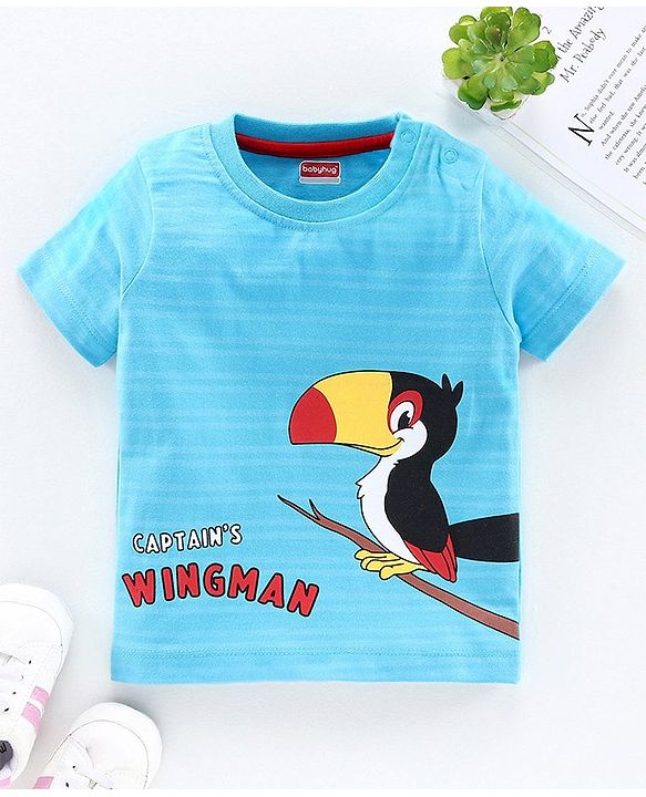 Babyhug Half Sleeves Biowashed Tee Bird Print - Blue